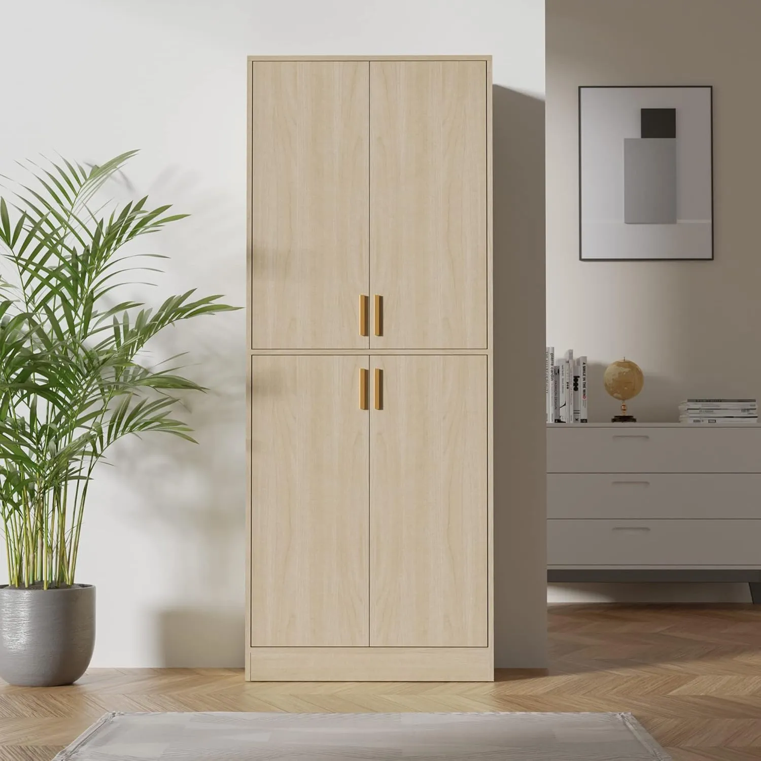 Cozy Castle Kitchen Pantry Cabinet, 71" Tall Wood Storage Cabinet with Doors and Shelves 4 Doors Freestanding Cupboard Utility Hutch for Dining Room Living Room Bathroom Furniture, Oak