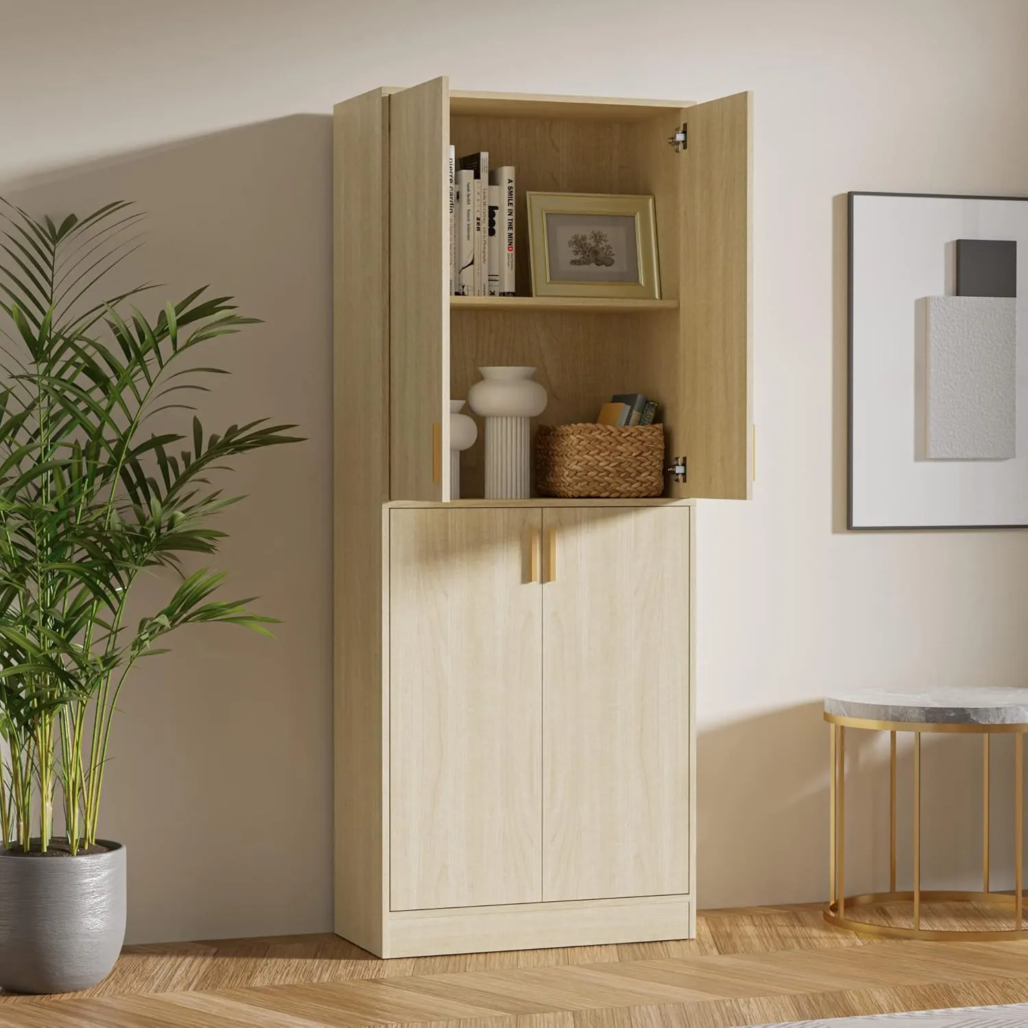 Cozy Castle Kitchen Pantry Cabinet, 71" Tall Wood Storage Cabinet with Doors and Shelves 4 Doors Freestanding Cupboard Utility Hutch for Dining Room Living Room Bathroom Furniture, Oak