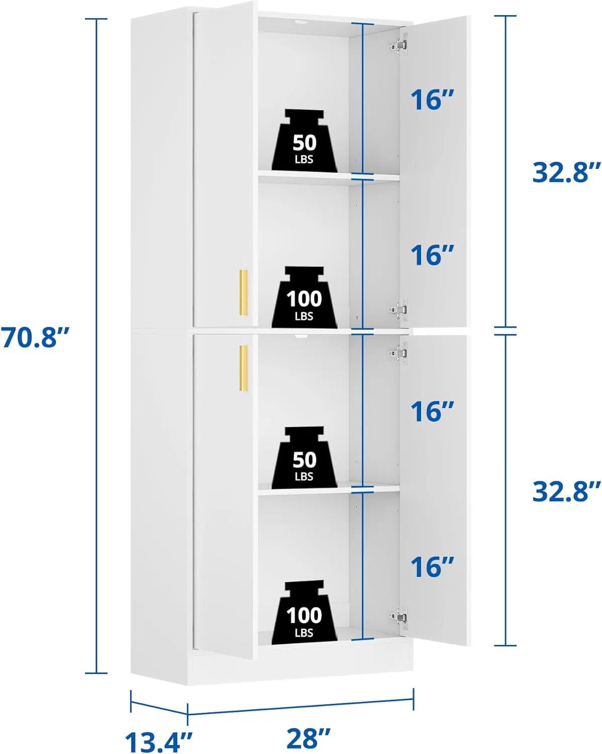 Cozy Castle Kitchen Pantry Cabinet, 71" Tall Wood Storage Cabinet with Doors and Shelves 4 Doors Freestanding Cupboard Utility Hutch for Dining Room Living Room Bathroom Furniture, White