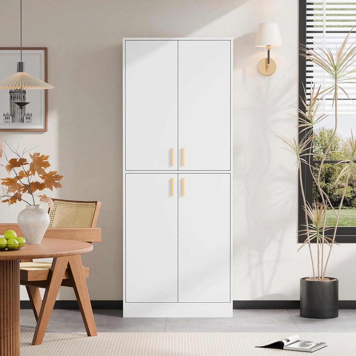 Cozy Castle Kitchen Pantry Cabinet, 71" Tall Wood Storage Cabinet with Doors and Shelves 4 Doors Freestanding Cupboard Utility Hutch for Dining Room Living Room Bathroom Furniture, White