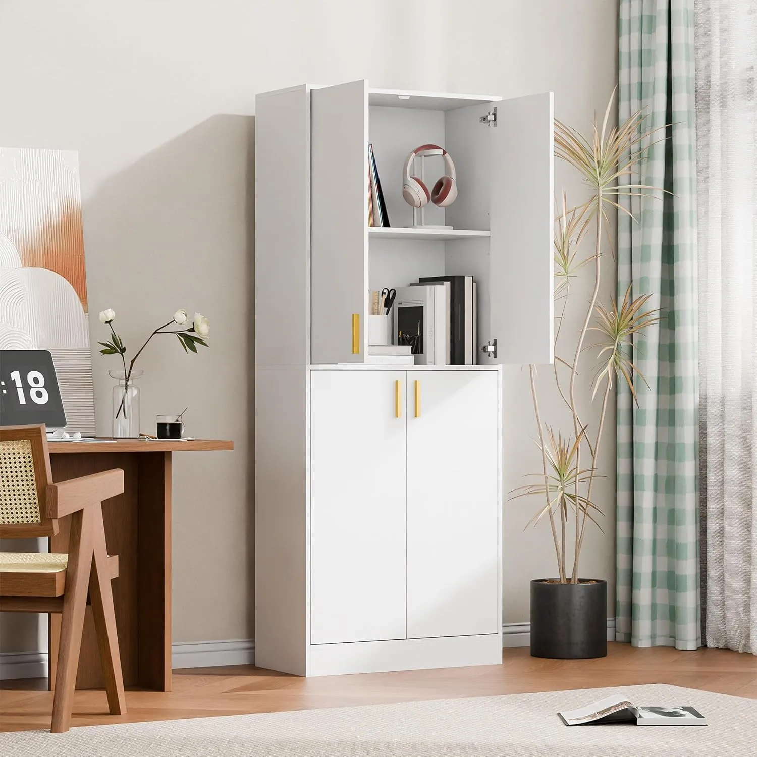 Cozy Castle Kitchen Pantry Cabinet, 71" Tall Wood Storage Cabinet with Doors and Shelves 4 Doors Freestanding Cupboard Utility Hutch for Dining Room Living Room Bathroom Furniture, White