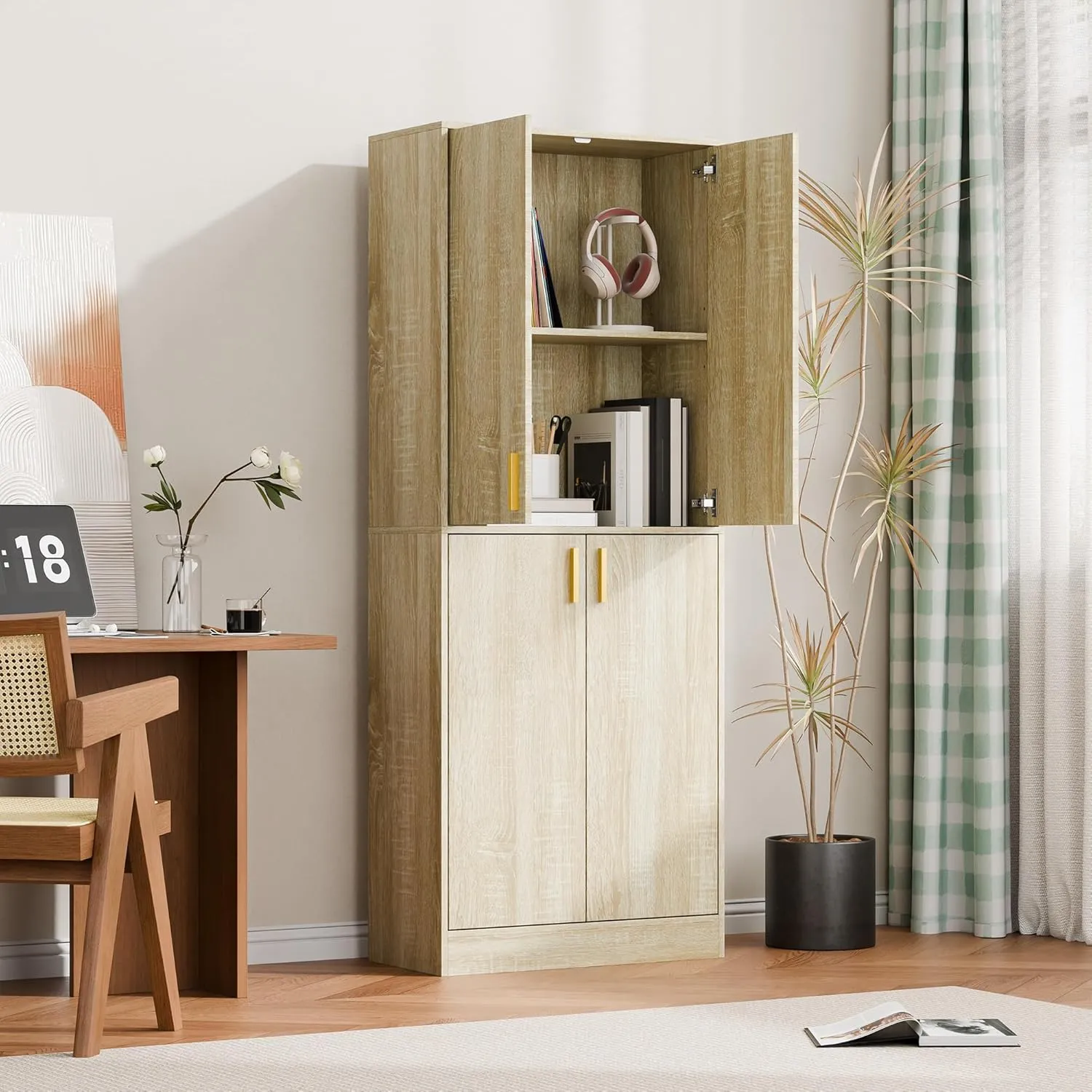 Cozy Castle Kitchen Pantry Cabinet, 71" Tall Wood Storage Cabinet with Doors and Shelves 4 Doors Freestanding Cupboard Utility Hutch for Dining Room Living Room Bathroom Furniture, Whitewashed Oak