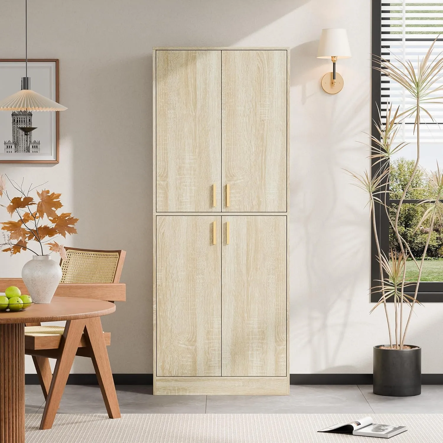 Cozy Castle Kitchen Pantry Cabinet, 71" Tall Wood Storage Cabinet with Doors and Shelves 4 Doors Freestanding Cupboard Utility Hutch for Dining Room Living Room Bathroom Furniture, Whitewashed Oak