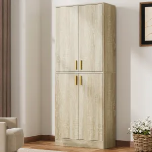 Cozy Castle Kitchen Pantry Cabinet, 71" Tall Wood Storage Cabinet with Doors and Shelves 4 Doors Freestanding Cupboard Utility Hutch for Dining Room Living Room Bathroom Furniture, Whitewashed Oak