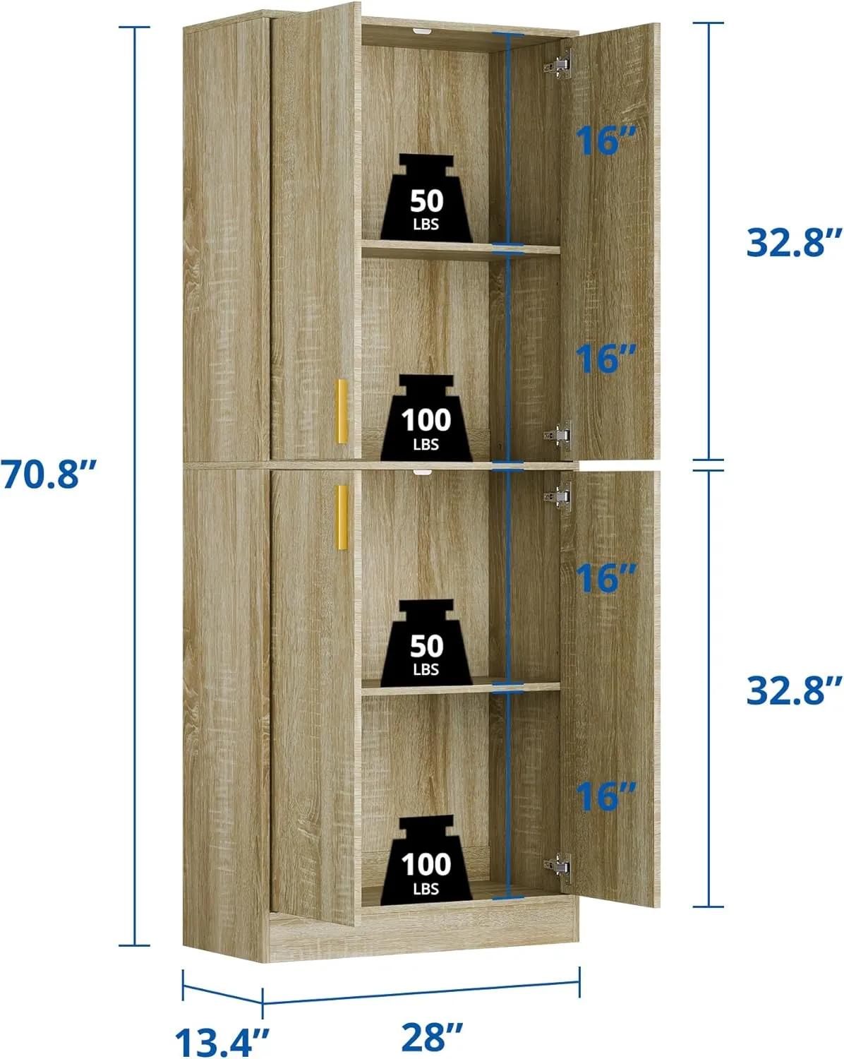 Cozy Castle Kitchen Pantry Cabinet, 71" Tall Wood Storage Cabinet with Doors and Shelves 4 Doors Freestanding Cupboard Utility Hutch for Dining Room Living Room Bathroom Furniture, Whitewashed Oak