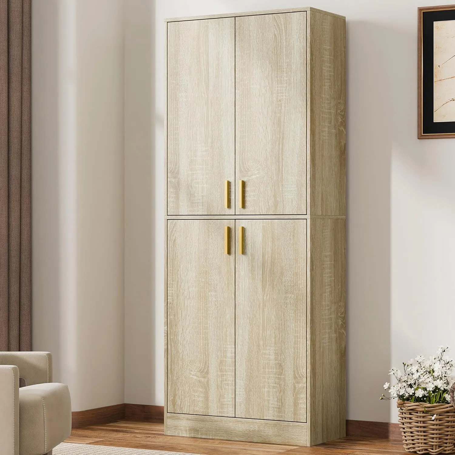 Cozy Castle Kitchen Pantry Cabinet, 71" Tall Wood Storage Cabinet with Doors and Shelves 4 Doors Freestanding Cupboard Utility Hutch for Dining Room Living Room Bathroom Furniture, Whitewashed Oak