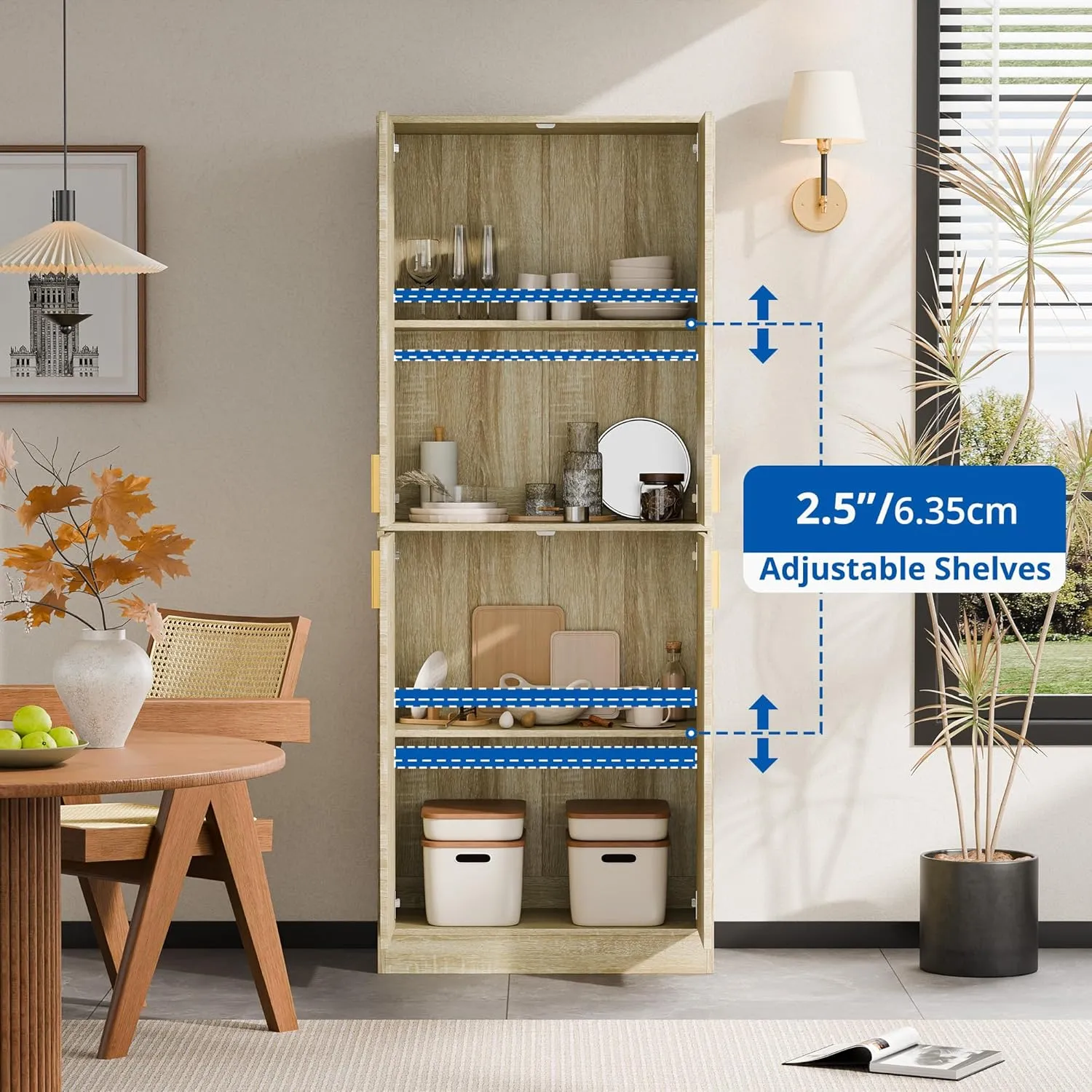 Cozy Castle Kitchen Pantry Cabinet, 71" Tall Wood Storage Cabinet with Doors and Shelves 4 Doors Freestanding Cupboard Utility Hutch for Dining Room Living Room Bathroom Furniture, Whitewashed Oak