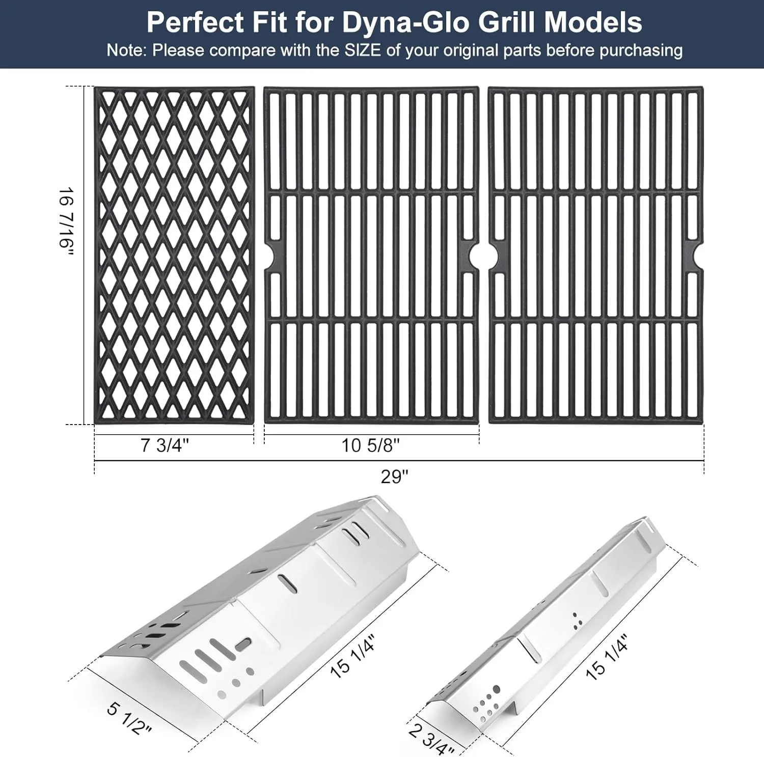 Criditpid Grill Replacement Parts for Dyna-Glo 5 Burner DGH474CRP DGH485CRP DGH483CRP, Stainless Steel Heat Plate Shields, Adjustable Drip Pan and Cast Iron Cooking Grates for Dyna-Glo DGH450CRP.