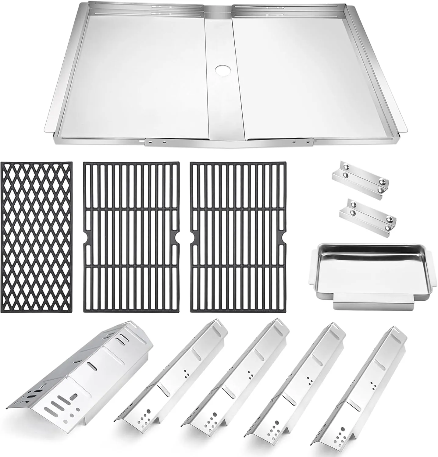 Criditpid Grill Replacement Parts for Dyna-Glo 5 Burner DGH474CRP DGH485CRP DGH483CRP, Stainless Steel Heat Plate Shields, Adjustable Drip Pan and Cast Iron Cooking Grates for Dyna-Glo DGH450CRP.