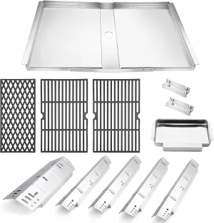 Criditpid Grill Replacement Parts for Dyna-Glo 5 Burner DGH474CRP DGH485CRP DGH483CRP, Stainless Steel Heat Plate Shields, Adjustable Drip Pan and Cast Iron Cooking Grates for Dyna-Glo DGH450CRP.