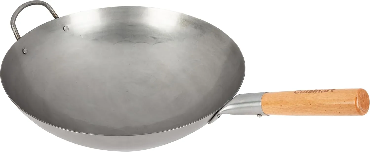 Cuisinart 14” Carbon Steel Hammered Wok, Traditional Round Bottom Wok, Stir Fry Pan with Wooden & Helper Handle for Authentic Asian Cuisine, Outdoor Cooking Perfect for Sauté and Deep Fry