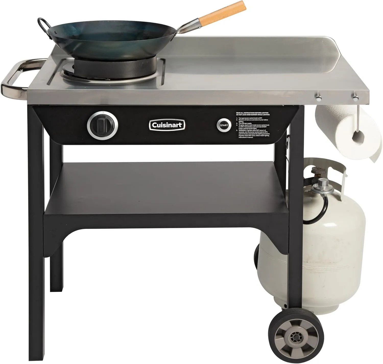 Cuisinart Outdoor Wok Station, 50,000 BTU Propane Outdoor Wok Burner with Prep Table, 14" Carbon Steel Fry Pan, Stainless Steel Side Table, Storage, Outdoor Cooking Station for Stir Fry, Searing, BBQ