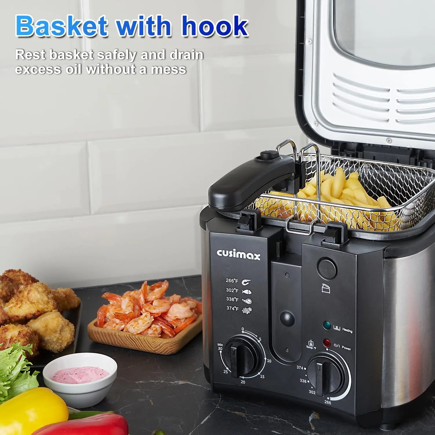 CUSIMAX Electric Deep Fryer for Home Use, 1500W, 2.5 Liter Small Deep Fryer with Basket, Adjustable Temperature & Time, Lid with View Window and Odor Free Filter