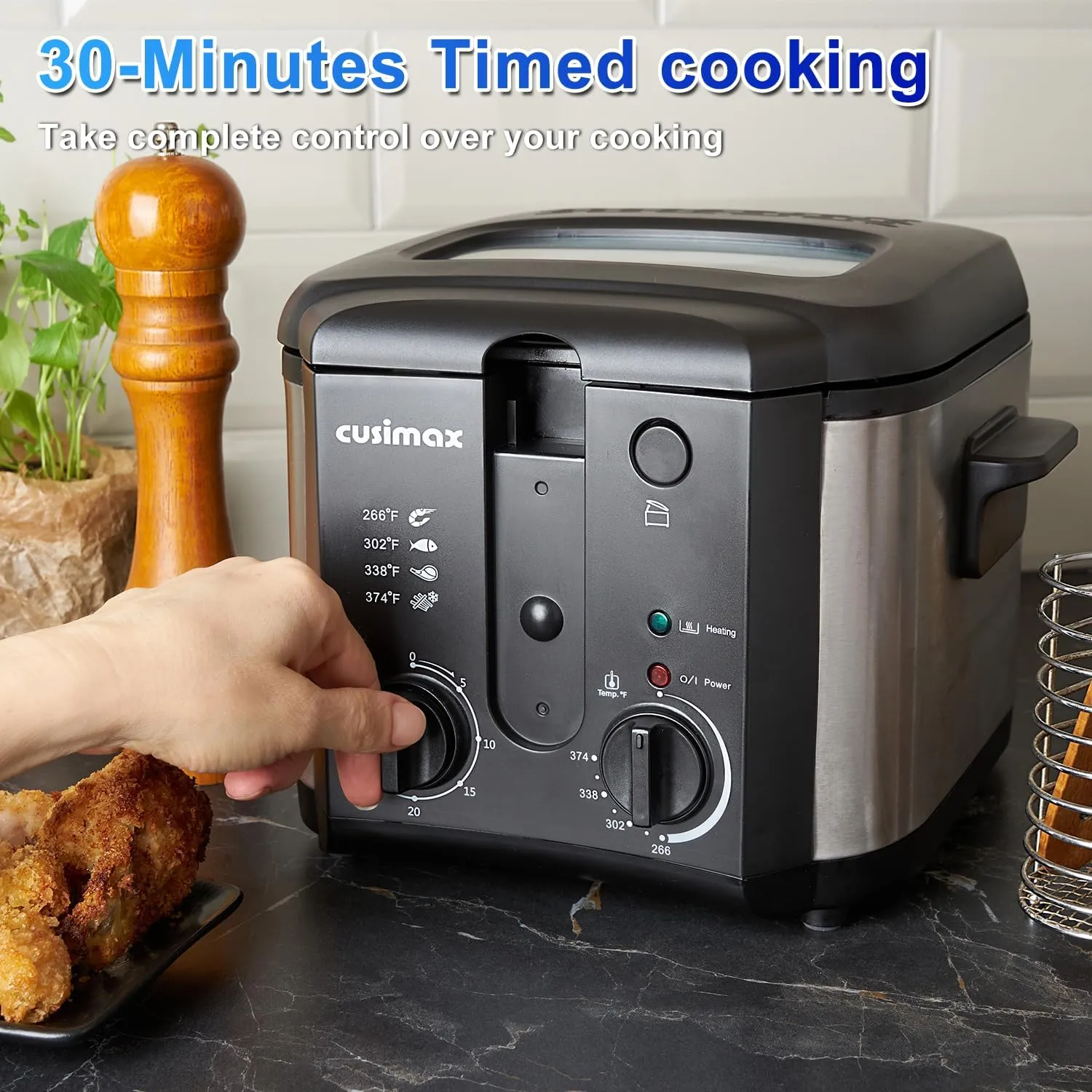 CUSIMAX Electric Deep Fryer for Home Use, 1500W, 2.5 Liter Small Deep Fryer with Basket, Adjustable Temperature & Time, Lid with View Window and Odor Free Filter