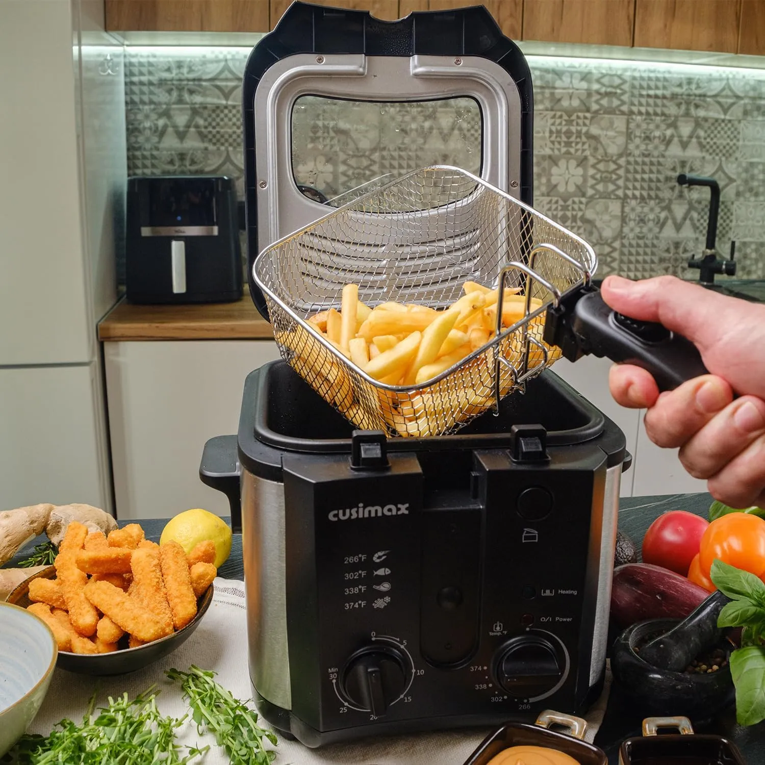 CUSIMAX Electric Deep Fryer for Home Use, 1500W, 2.5 Liter Small Deep Fryer with Basket, Adjustable Temperature & Time, Lid with View Window and Odor Free Filter
