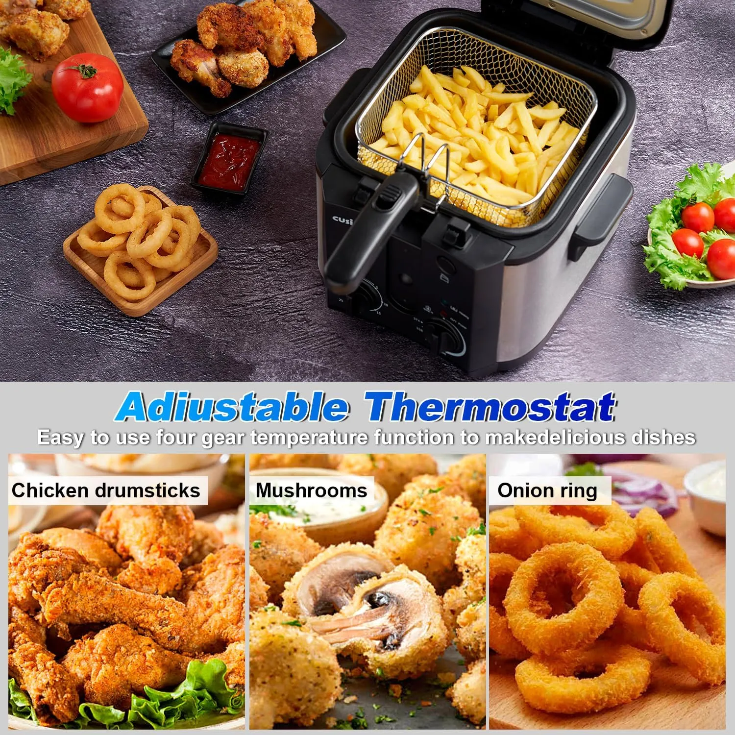 CUSIMAX Electric Deep Fryer for Home Use, 1500W, 2.5 Liter Small Deep Fryer with Basket, Adjustable Temperature & Time, Lid with View Window and Odor Free Filter