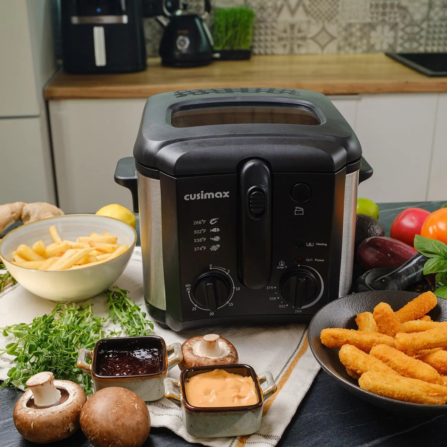 CUSIMAX Electric Deep Fryer for Home Use, 1500W, 2.5 Liter Small Deep Fryer with Basket, Adjustable Temperature & Time, Lid with View Window and Odor Free Filter