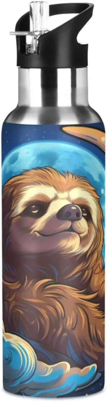 Cute Artwork Moon Sloth Sport Water Bottle Insulated Stainless Steel Large Vacuum Flask Leak Proof Thermos with Straw for Travel(600ml/1000ml)