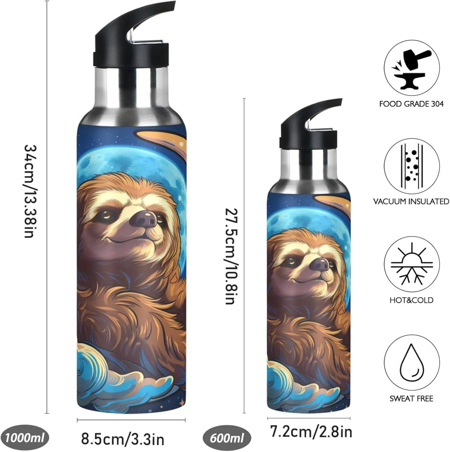 Cute Artwork Moon Sloth Sport Water Bottle Insulated Stainless Steel Large Vacuum Flask Leak Proof Thermos with Straw for Travel(600ml/1000ml)