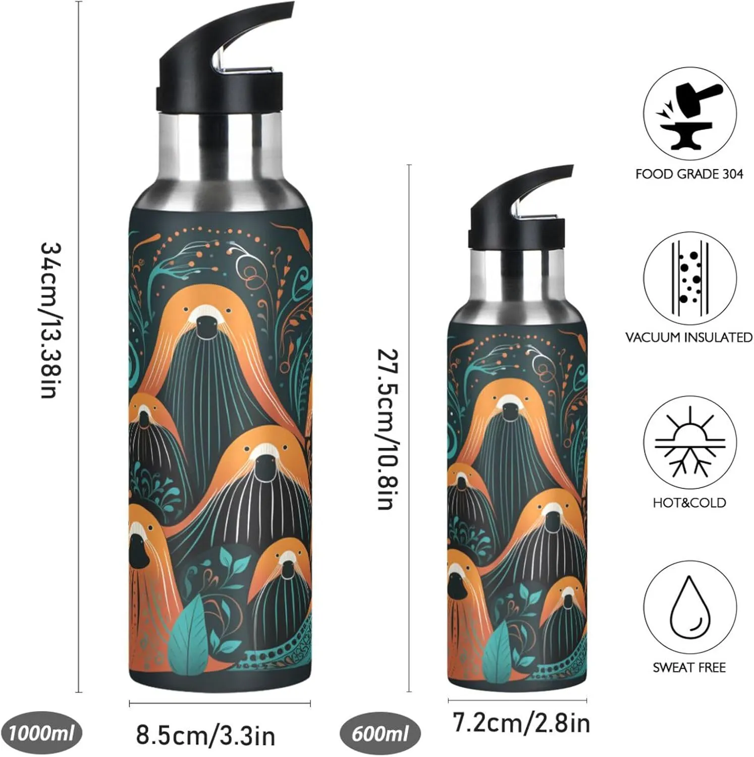 Cute Artwork Small Walruses Sport Water Bottle Insulated Stainless Steel Large Vacuum Flask Leak Proof Thermos with Straw for Travel(600ml/1000ml)