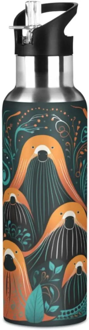 Cute Artwork Small Walruses Sport Water Bottle Insulated Stainless Steel Large Vacuum Flask Leak Proof Thermos with Straw for Travel(600ml/1000ml)