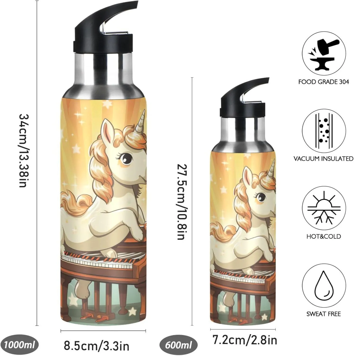 Cute Unicorn Piano Art Sport Water Bottle Insulated Stainless Steel Large Vacuum Flask Leak Proof Thermos with Straw for Travel(600ml/1000ml)