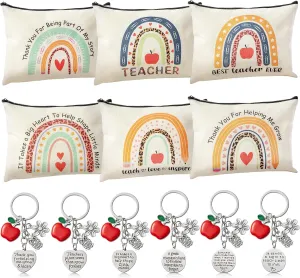 CY2SIDE 12PCS Teacher Appreciation Gifts Set 6 Teacher Survival Kit Boho Rainbow Makeup Pouch Cosmetic Bag with Zipper and 6 Key Chains Appreciation Key Ring Thank You Gifts for Women