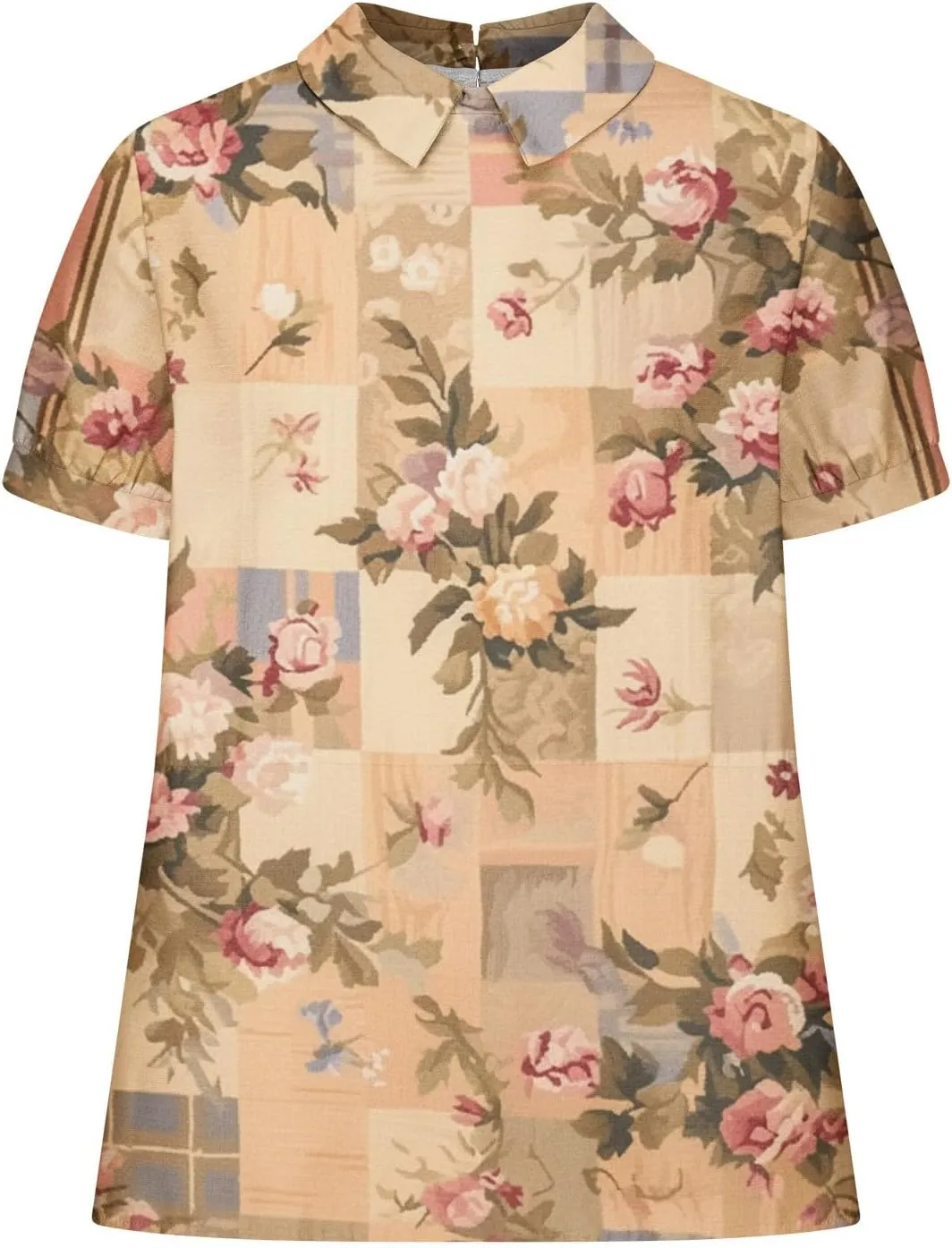 DASAYO Cute Tops for Women Peter Pan Collar Short Sleeve Linen Shirts Plus Size Floral Blouses Dressy Casual Summer Clothes