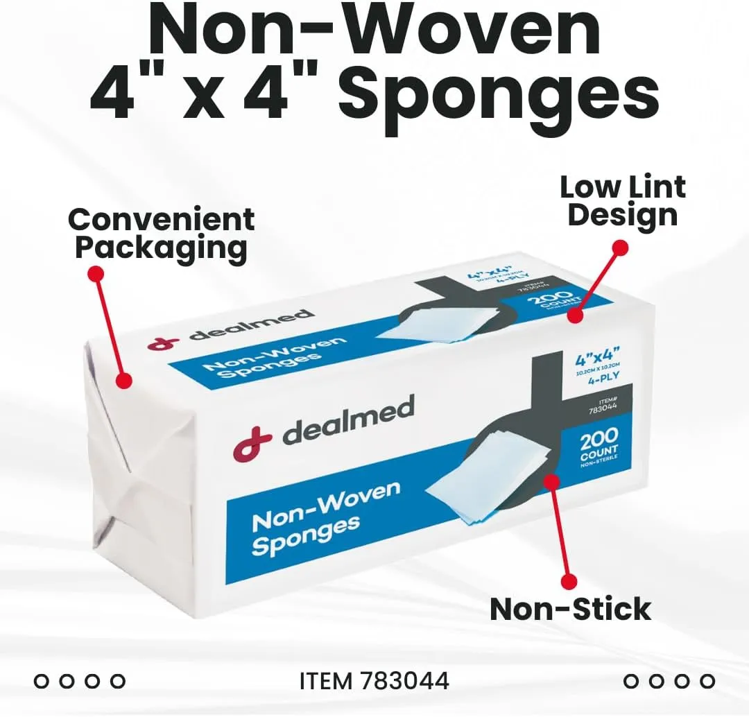 Dealmed Non-Woven Gauze Sponges - 4-Ply, 4" x 4" All-Purpose Non-Sterile Absorbent Dental Gauze Wound Care for First Aid Kit/Medical Facilities, 200 Count (96 Cases)
