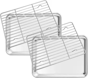 Deedro Baking Sheet with Rack Set [2 Sheets   2 Racks], Stainless Steel Cookie Half Sheets Baking Pan Oven Tray with Cooling Rack, 9 x 7 x 1 Inch, Heavy Duty, Non-toxic, Easy Clean
