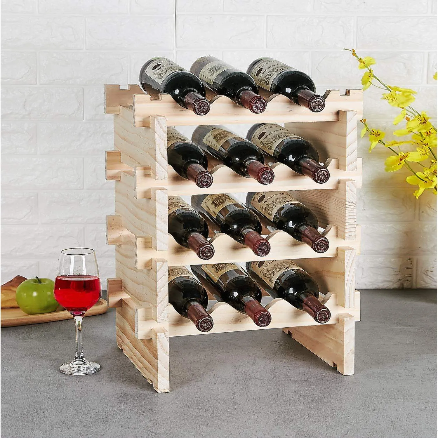 defway Wood Wine Rack Countertop - Stackable Storage Wine Holder 12 Bottle Display Free Standing Natural Wooden Shelf for Bar Kitchen (4-Tier Natural Wood)