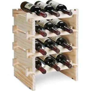 defway Wood Wine Rack Countertop - Stackable Storage Wine Holder 12 Bottle Display Free Standing Natural Wooden Shelf for Bar Kitchen (4-Tier Natural Wood)
