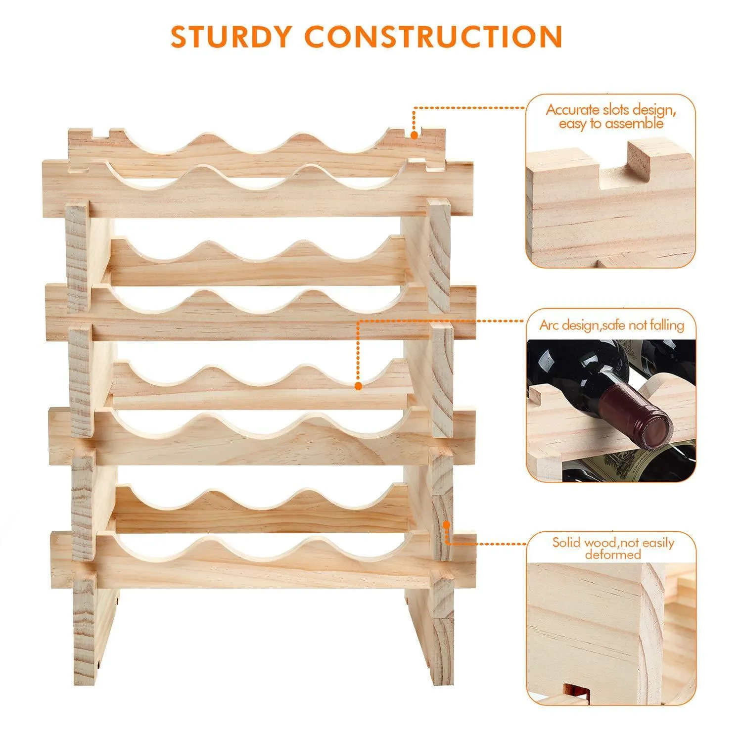 defway Wood Wine Rack Countertop - Stackable Storage Wine Holder 12 Bottle Display Free Standing Natural Wooden Shelf for Bar Kitchen (4-Tier Natural Wood)