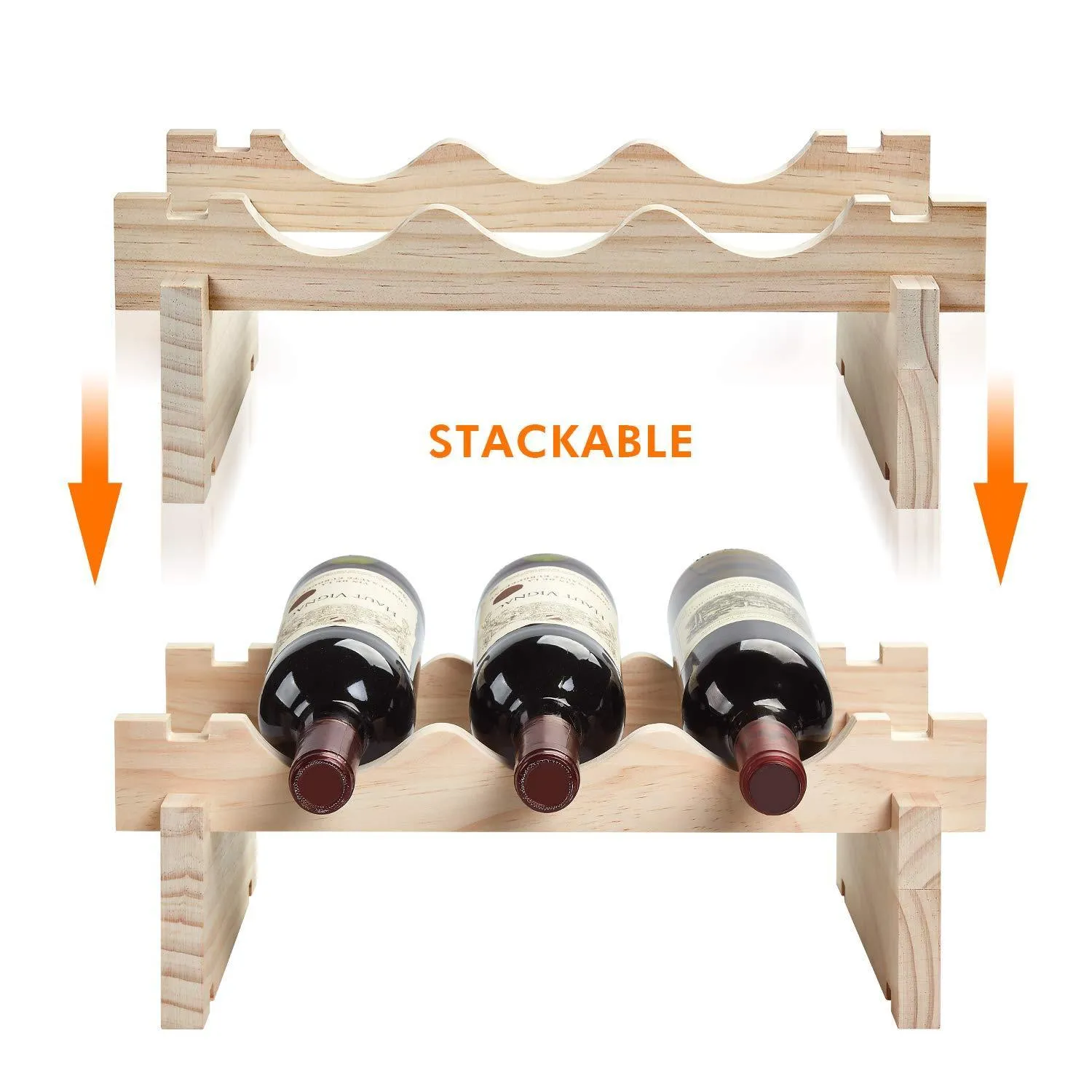 defway Wood Wine Rack Countertop - Stackable Storage Wine Holder 12 Bottle Display Free Standing Natural Wooden Shelf for Bar Kitchen (4-Tier Natural Wood)