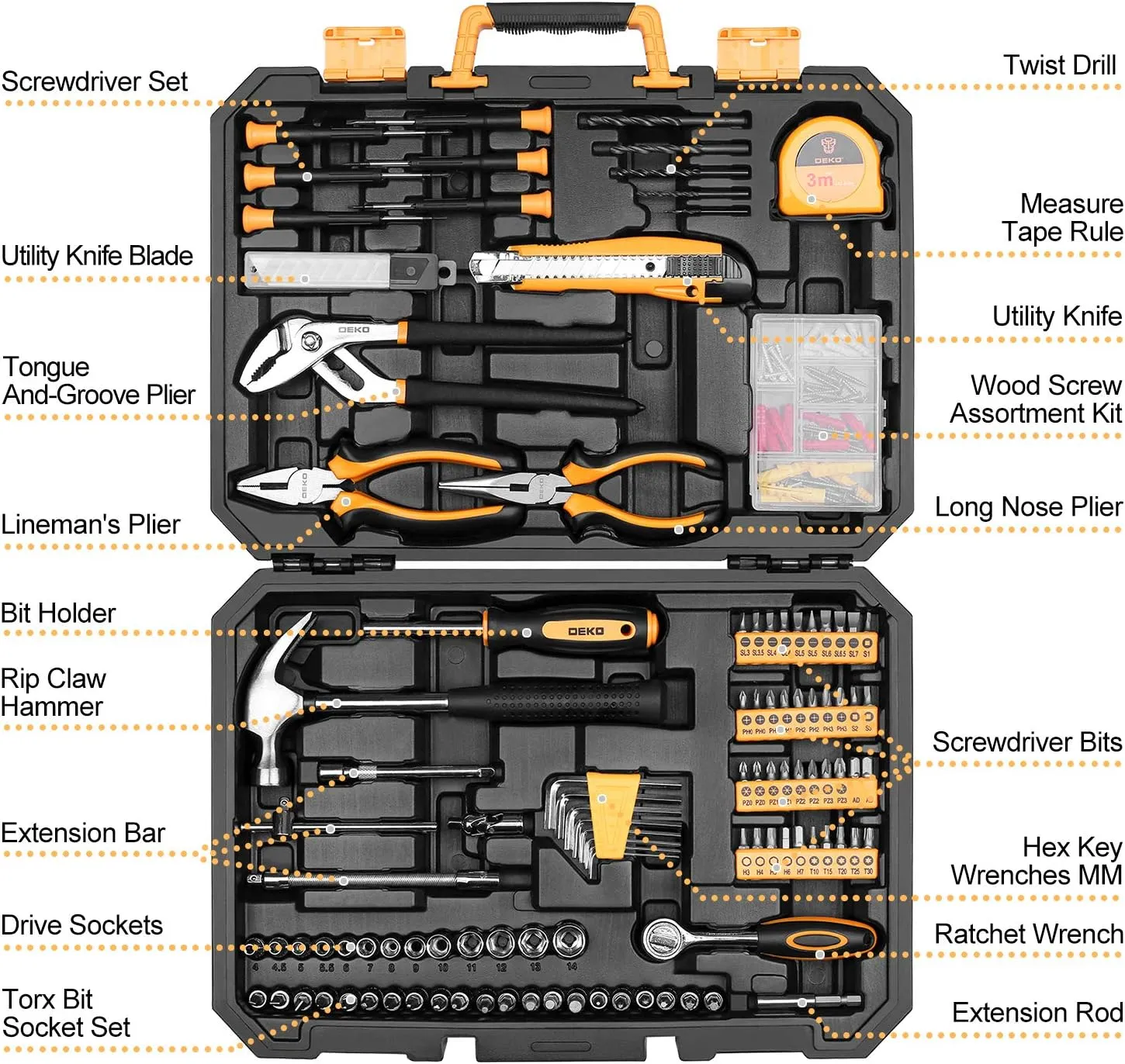 DEKO 196 Piece Tool Set General Household Hand Tool Kit with Rip Claw Hammer,Lineman's Plier, Measure Tape Rule & Plastic Toolbox Storage Case