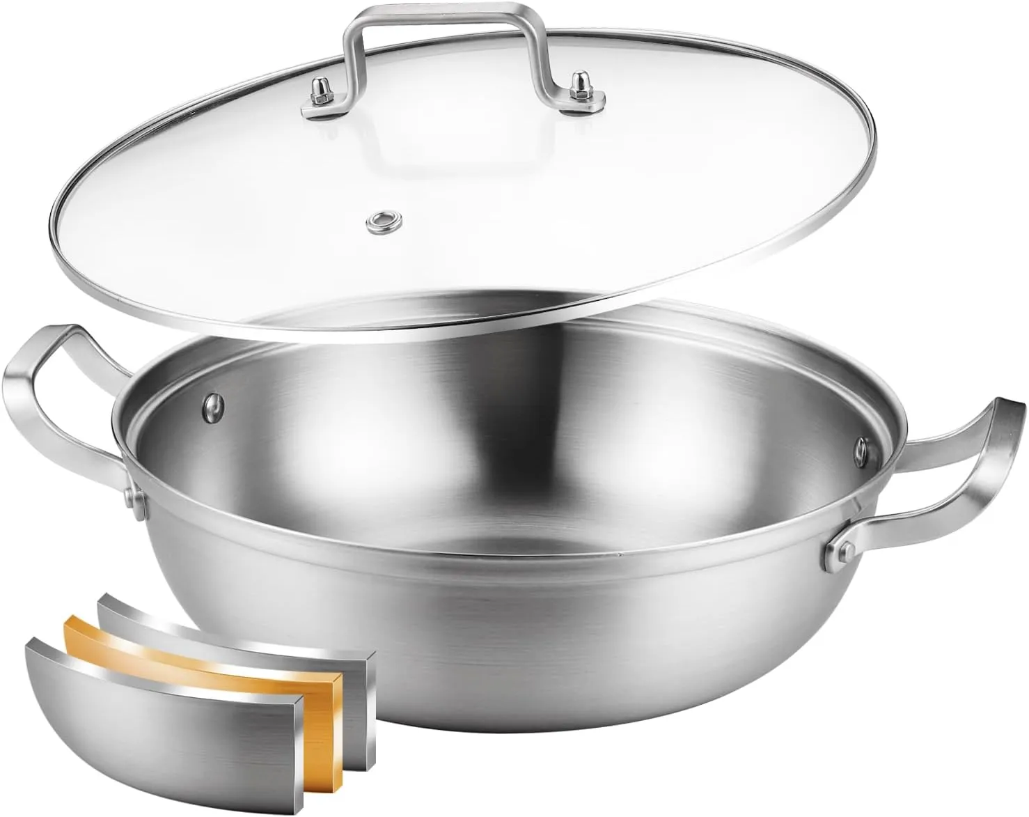 Delarlo Tri-Ply Stainless Steel 12 inch Everyday Pan with Glass Lid, Deep Saute Pan, Kitchen Everything Pan, High Side Chef's Pans, Induction Cooking Pot, Dishwasher Safe, 4QT Stock Pot Up To 600℉