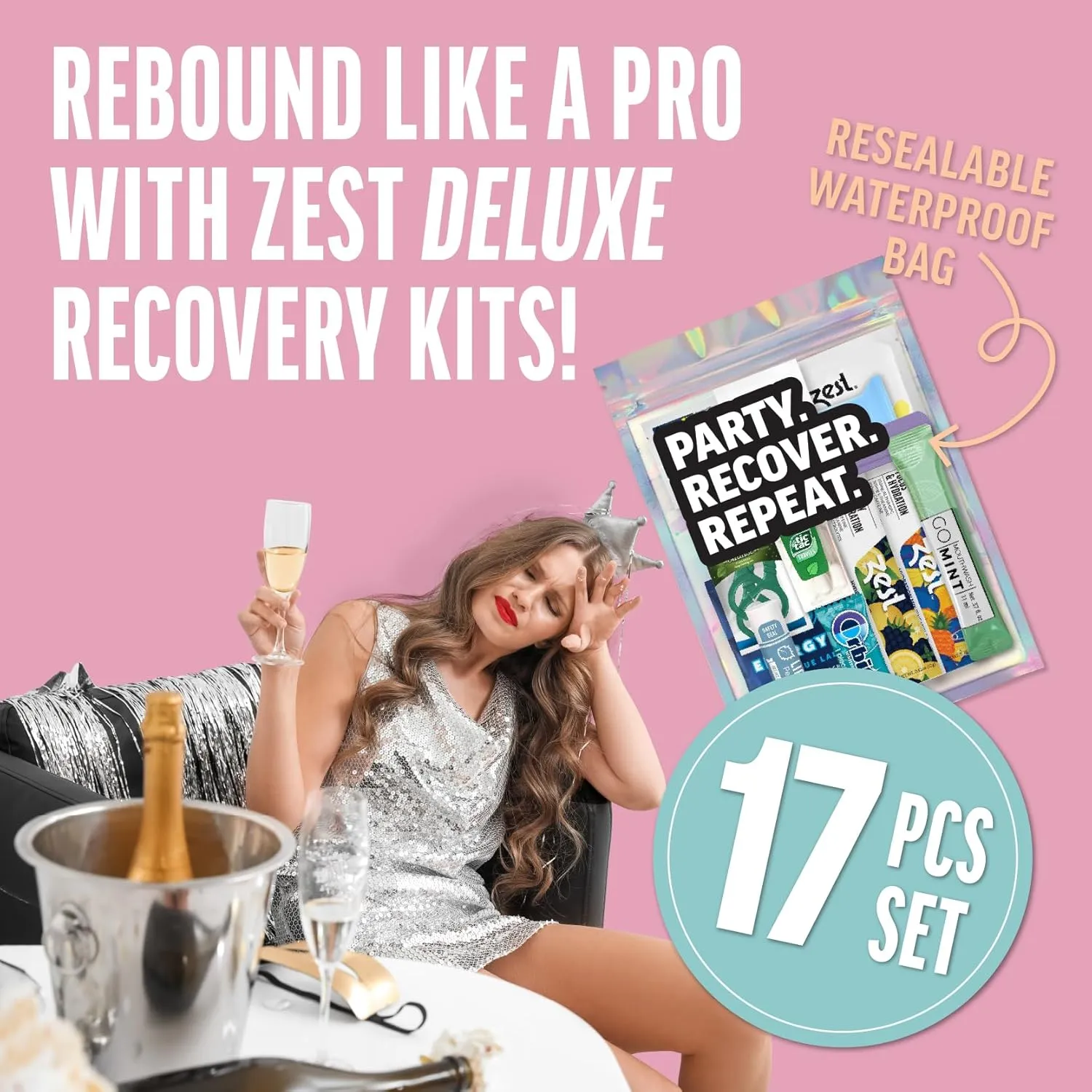 Deluxe XL Hangover Kit - 17 Piece Pre-Filled Gift Bag - (5 Pack) - Premium Supplies Set - Wedding, Birthday, or Bachelorette Party Favors - Zest Hydration Packets, Gum, & More
