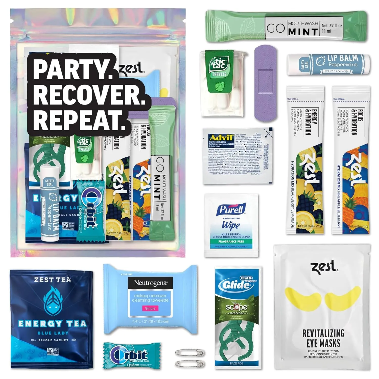 Deluxe XL Hangover Kit - 17 Piece Pre-Filled Gift Bag - (5 Pack) - Premium Supplies Set - Wedding, Birthday, or Bachelorette Party Favors - Zest Hydration Packets, Gum, & More