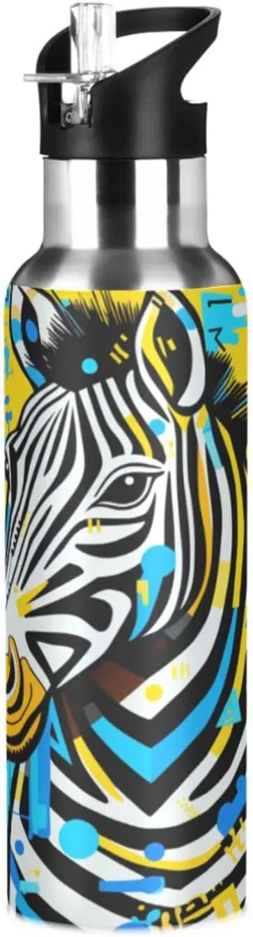 Doodle Line Art Yellow Zebra Sport Water Bottle Insulated Stainless Steel Large Vacuum Flask Leak Proof Thermos with Straw for Travel(600ml/1000ml)