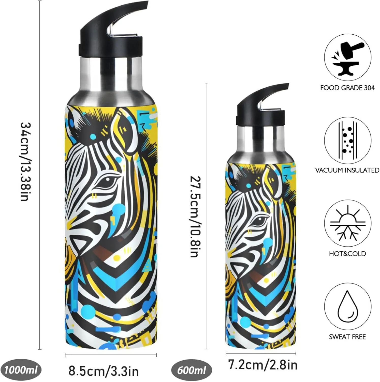Doodle Line Art Yellow Zebra Sport Water Bottle Insulated Stainless Steel Large Vacuum Flask Leak Proof Thermos with Straw for Travel(600ml/1000ml)