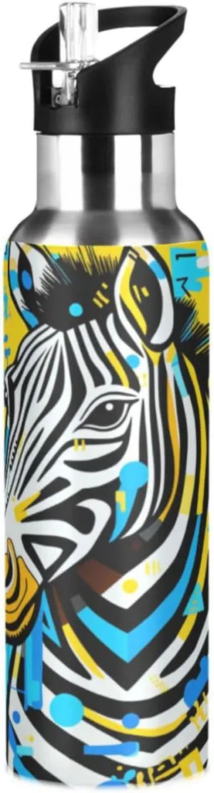 Doodle Line Art Yellow Zebra Sport Water Bottle Insulated Stainless Steel Large Vacuum Flask Leak Proof Thermos with Straw for Travel(600ml/1000ml)