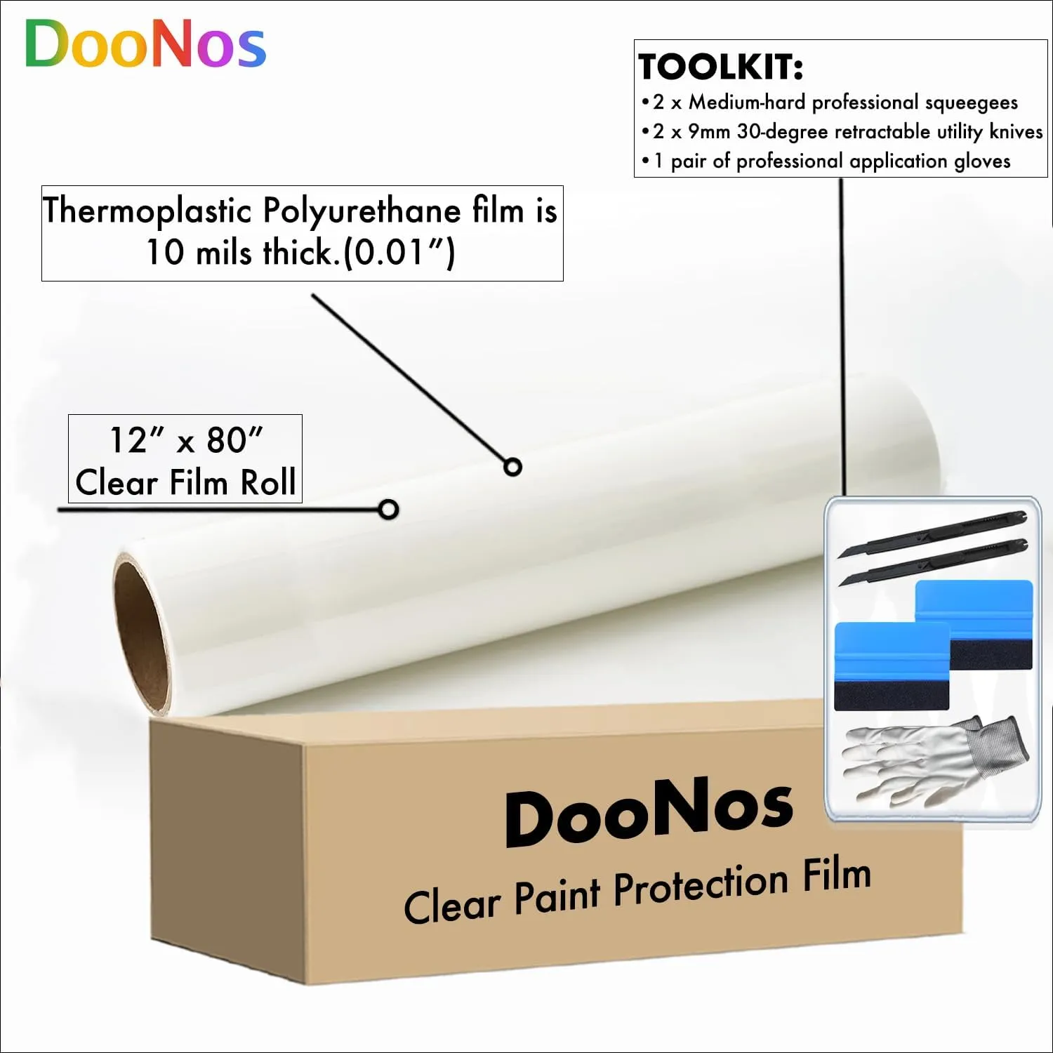 DooNos® 12" x 80" Clear Paint Protection Film, PPF Film Roll for Cars, 10 Mil TPU Polyurethane PPF Wrap - Includes Installation Kit - Protects from Chips, Scratches & More