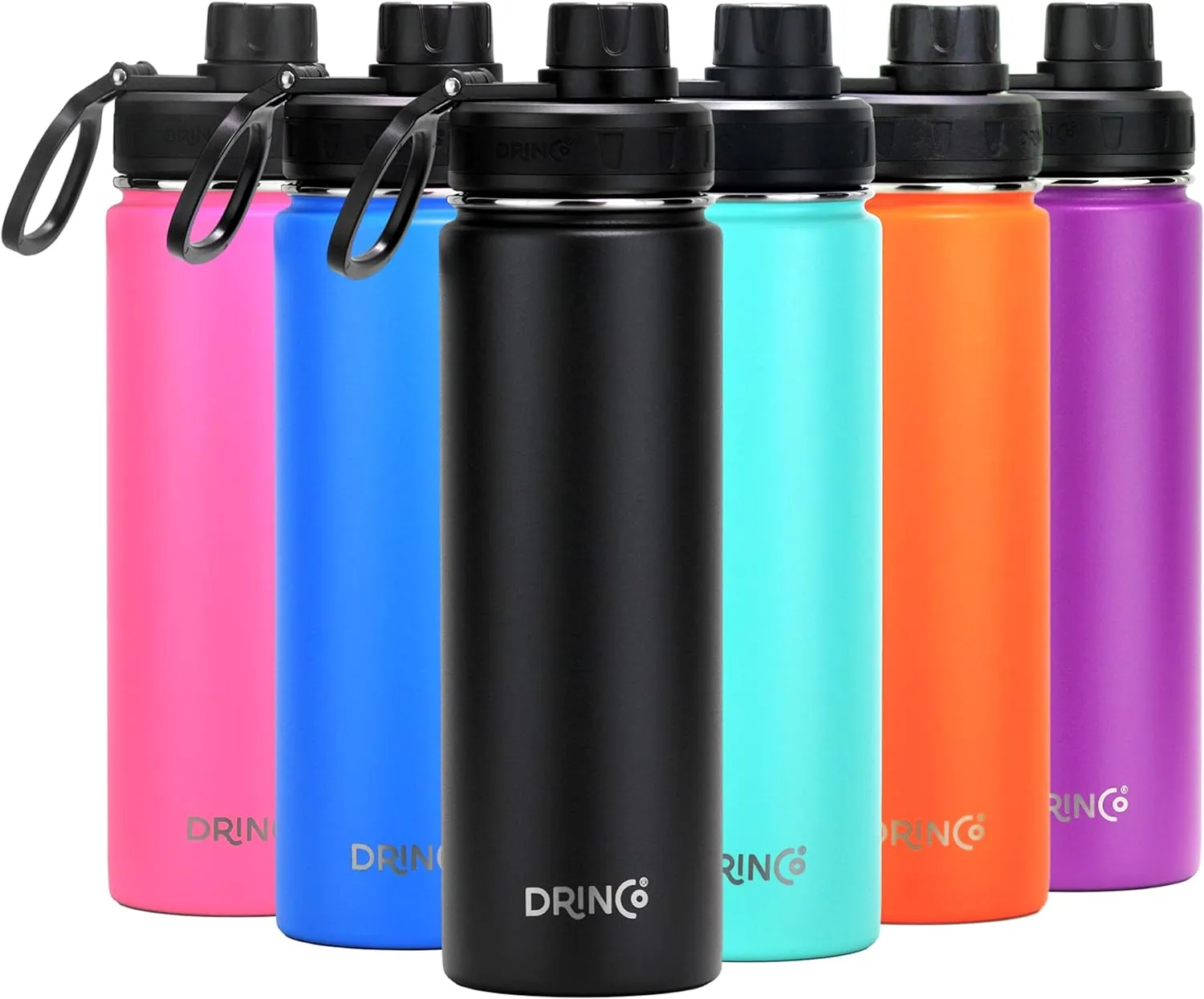 Drinco Stainless Steel Water Bottle Spout Lid Vacuum Insulated Double Wall Water Bottle Wide Mouth (40oz 32oz 22oz 18oz 14oz) Leak Proof Keep Cold Sport Camping Hiking (22 oz, 22oz Black)