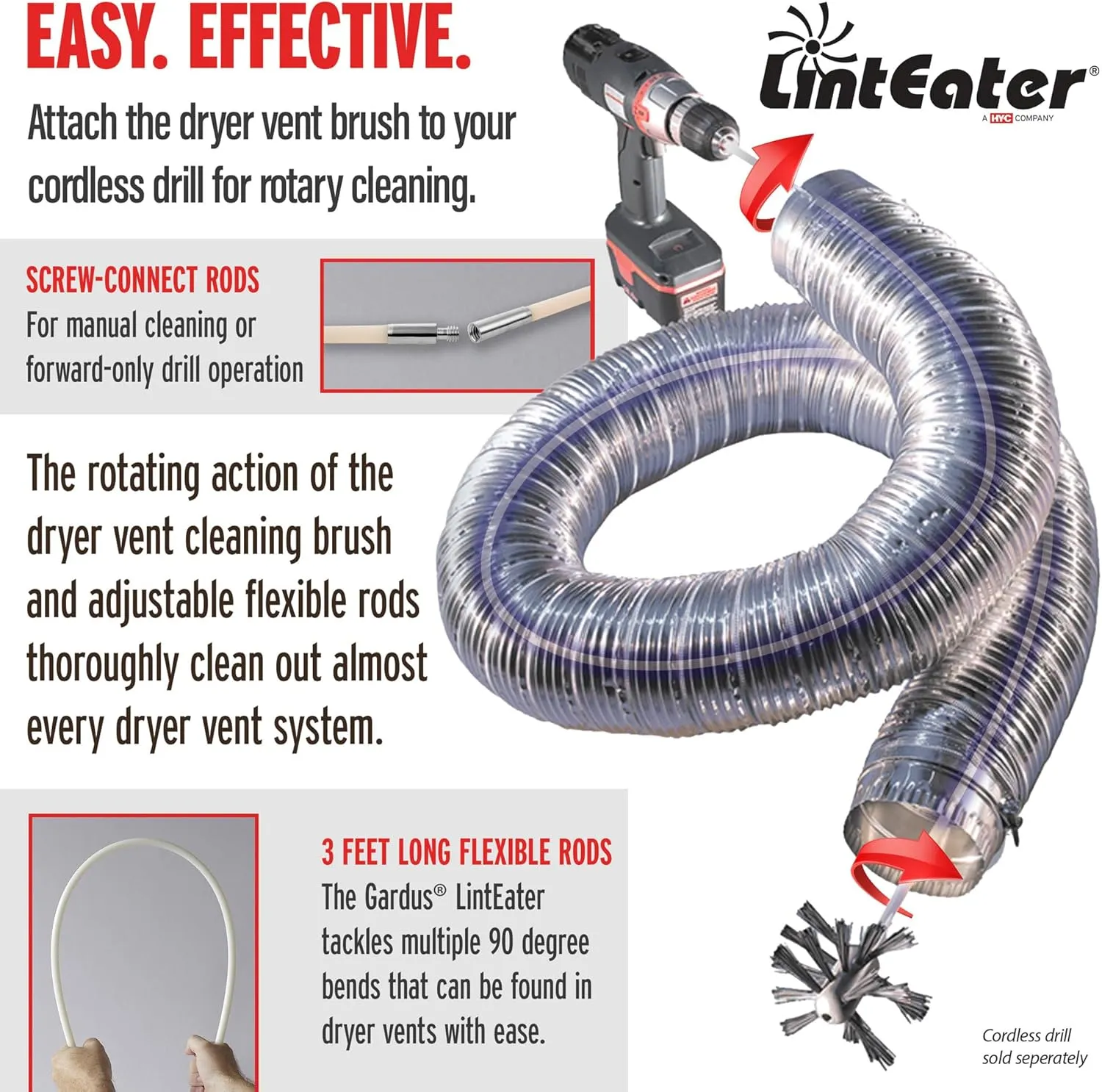 Dryer Vent Duct Cleaning Kit - Gardus RLE24 LintEater Rotary Dryer Vent Cleaner Kit, Removes Lint, Dryer Vent Cleaning System Extends Up to 24’ with 08 Flexible 3' Rods, Air Duct Cleaning Tools