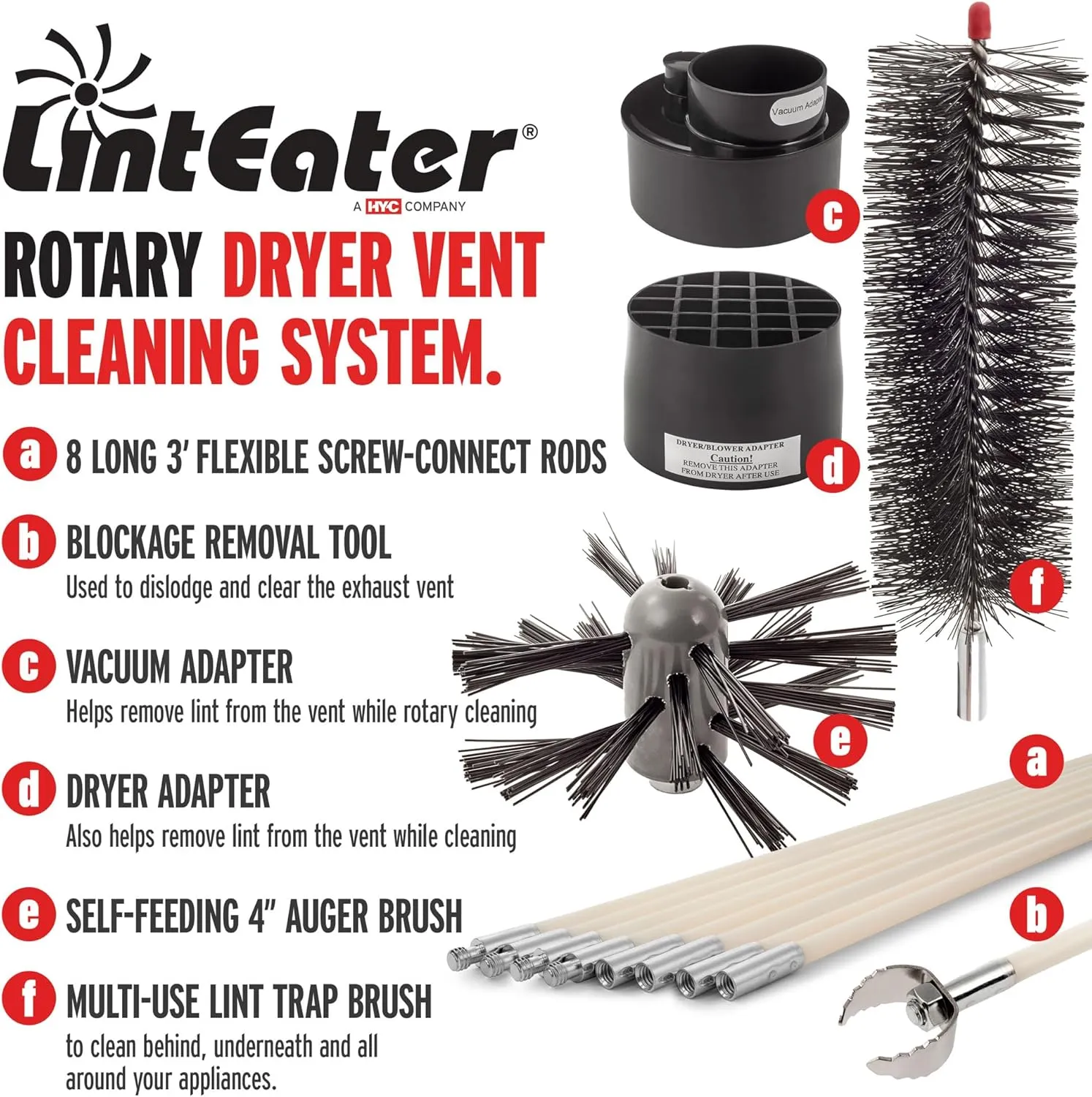 Dryer Vent Duct Cleaning Kit - Gardus RLE24 LintEater Rotary Dryer Vent Cleaner Kit, Removes Lint, Dryer Vent Cleaning System Extends Up to 24’ with 08 Flexible 3' Rods, Air Duct Cleaning Tools