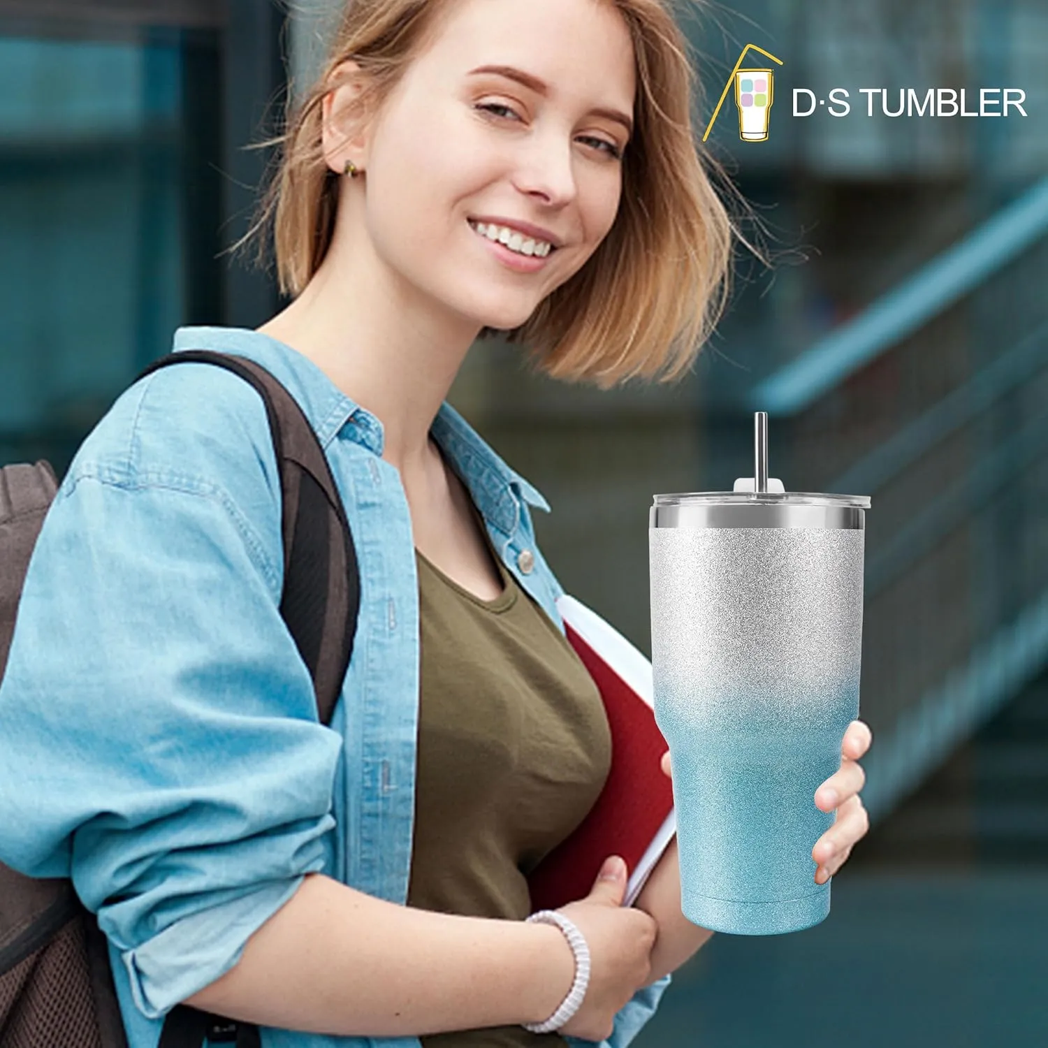 D·S 30 oz Tumbler Blue Glitter Gradient Cup Stainless Steel Double Wall Vacuum Insulated Mug with Straw and Lid, Cleaning Brush for Cold and Hot Beverages