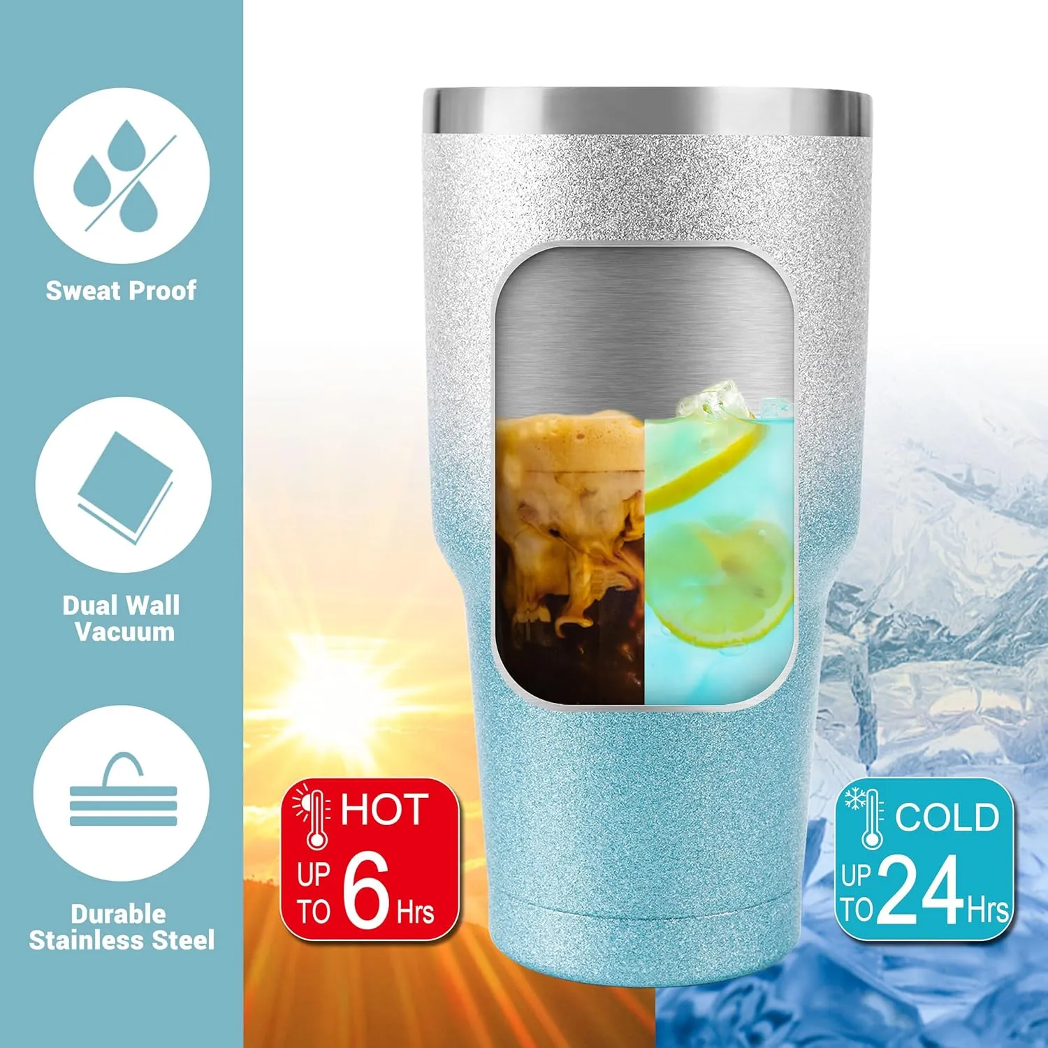 D·S 30 oz Tumbler Blue Glitter Gradient Cup Stainless Steel Double Wall Vacuum Insulated Mug with Straw and Lid, Cleaning Brush for Cold and Hot Beverages