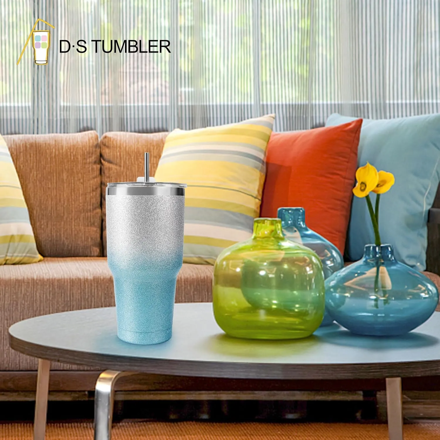 D·S 30 oz Tumbler Blue Glitter Gradient Cup Stainless Steel Double Wall Vacuum Insulated Mug with Straw and Lid, Cleaning Brush for Cold and Hot Beverages