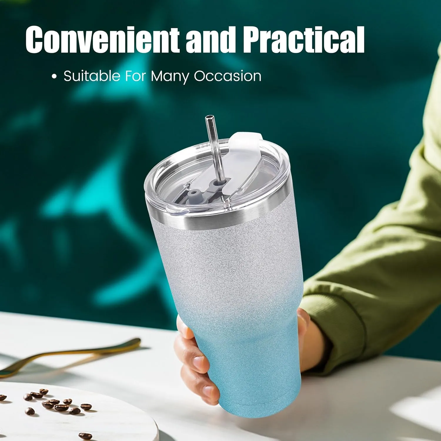 D·S 30 oz Tumbler Blue Glitter Gradient Cup Stainless Steel Double Wall Vacuum Insulated Mug with Straw and Lid, Cleaning Brush for Cold and Hot Beverages