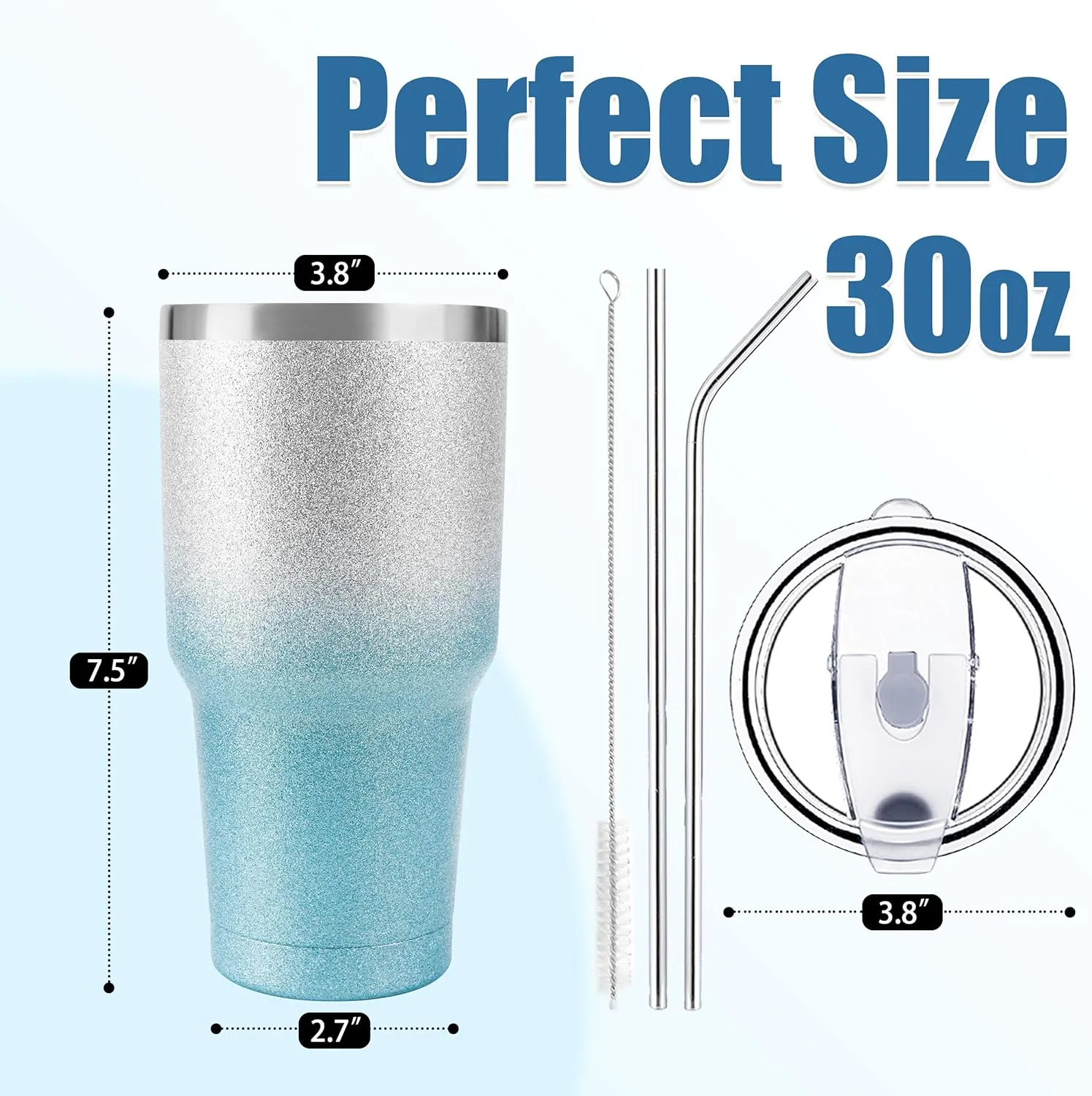 D·S 30 oz Tumbler Blue Glitter Gradient Cup Stainless Steel Double Wall Vacuum Insulated Mug with Straw and Lid, Cleaning Brush for Cold and Hot Beverages